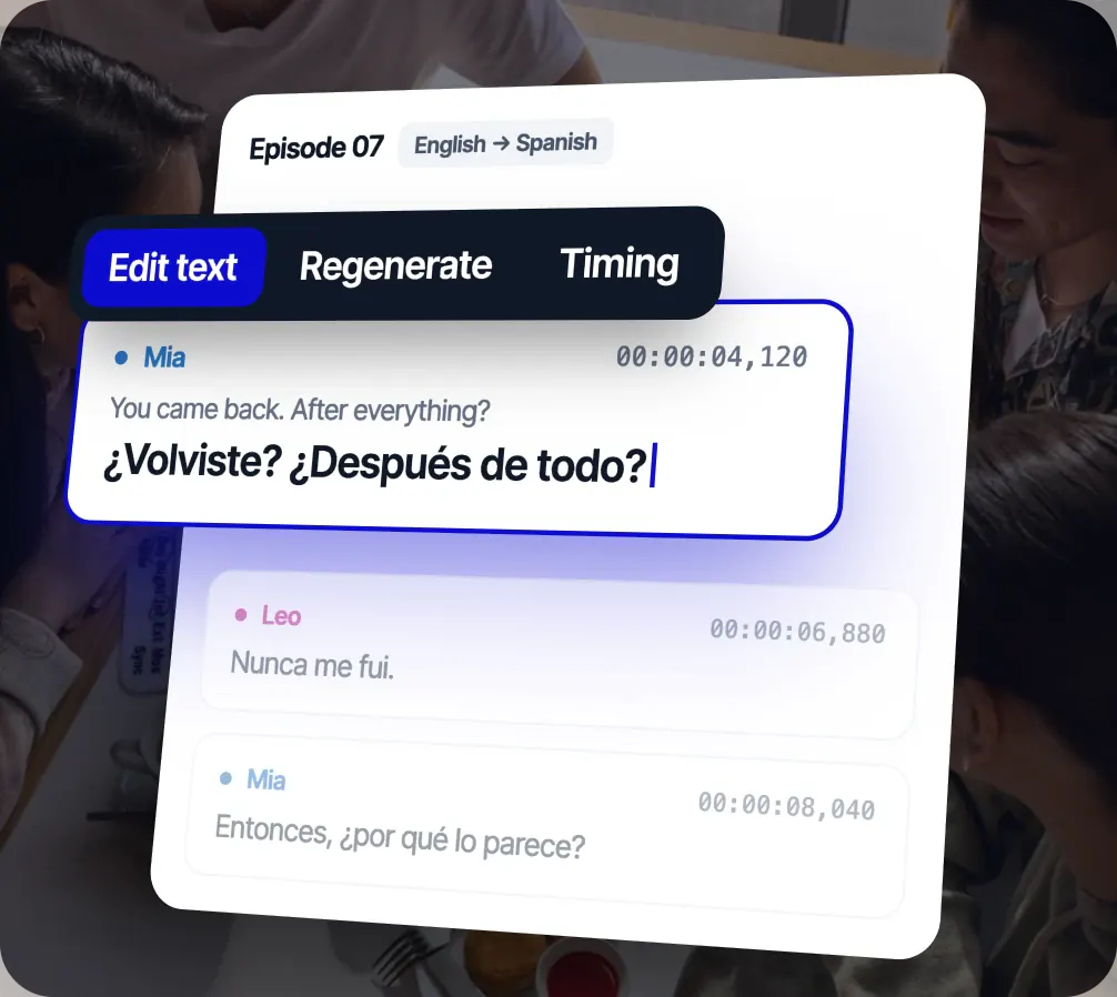 Editor di linee di Rask per l'episodio 07, da inglese a spagnolo: una battuta di Mia viene modificata con le azioni Modifica testo, Rigenera e Tempistiche
