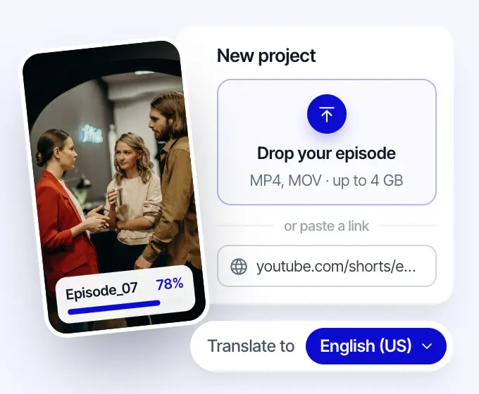 Schermata del nuovo progetto di Rask: un breve episodio drammatico in fase di caricamento al 78%, con la lingua di arrivo impostata su inglese (USA)