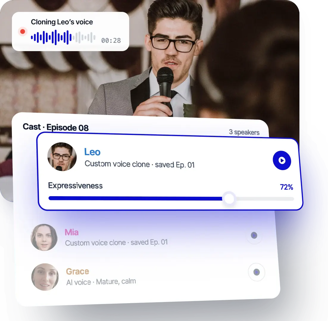Clonazione della voce di Leo su Rask e cast dell'episodio 08: Leo e Mia con voci clonate salvate dall'episodio 01, Grace con voce IA e cursore dell'espressività al 72%